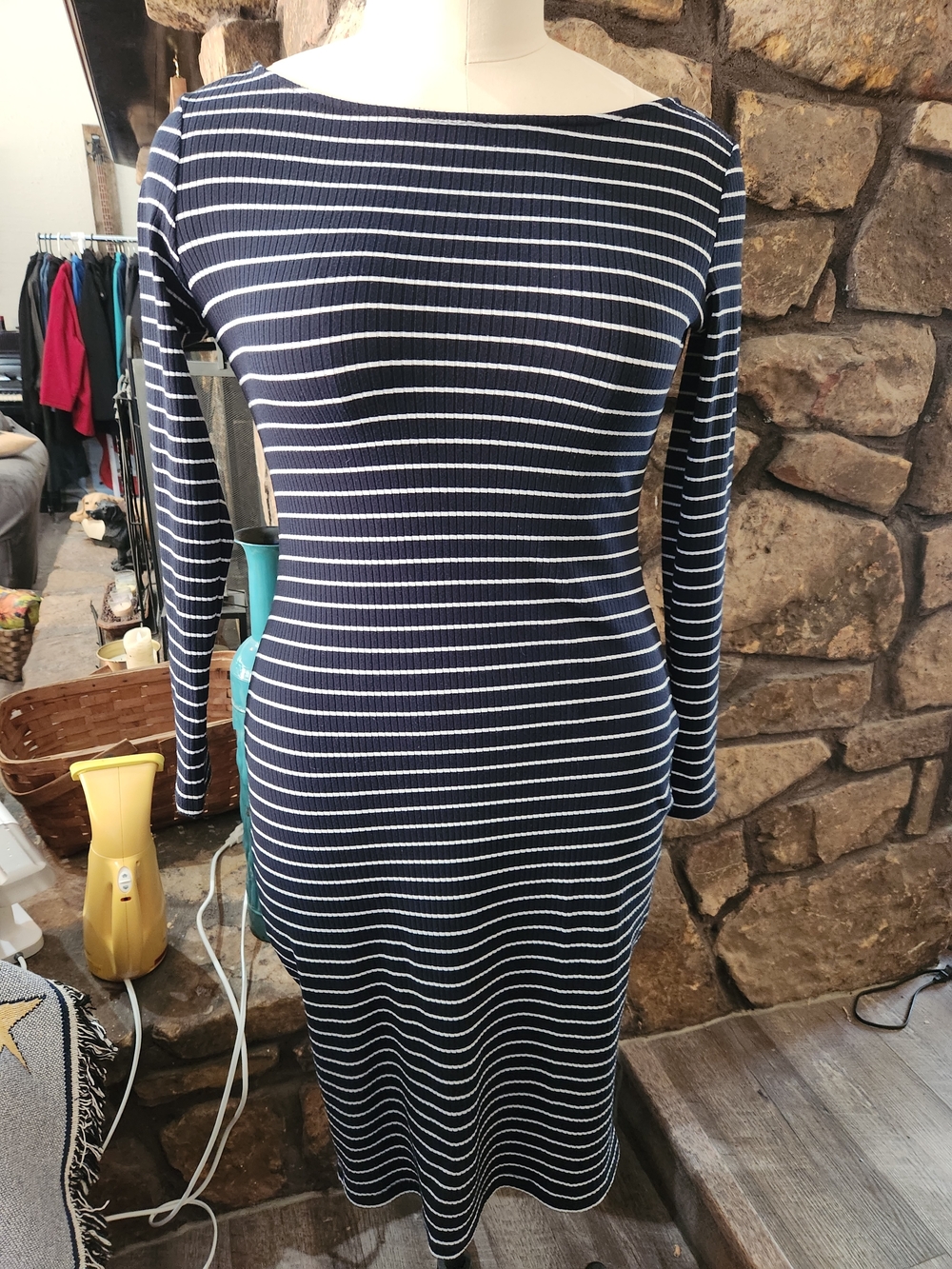 JustFab Navy and White Striped Long Sleeve Boatneck Dress